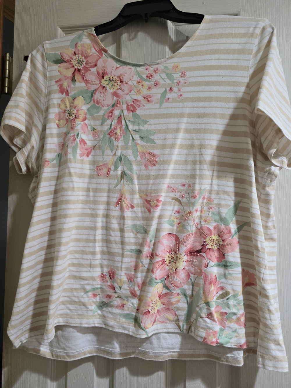 Alfred Dunner Cream Striped Short-Sleeve Top with Pink Floral Print